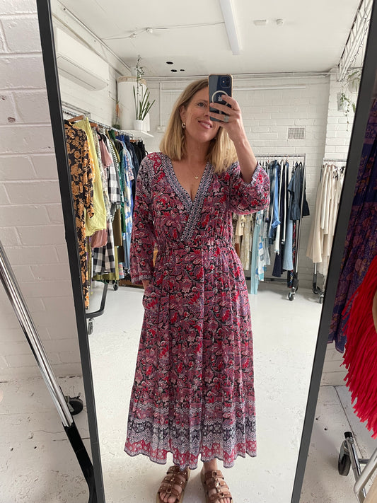 Xirena cotton voile v neck midi dress paisley print L