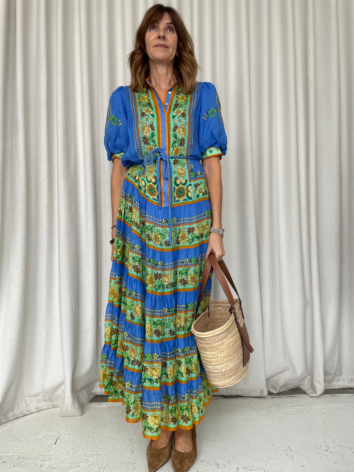 Alemais blue green ramie tiered maxi dress sz 6 (6-10)