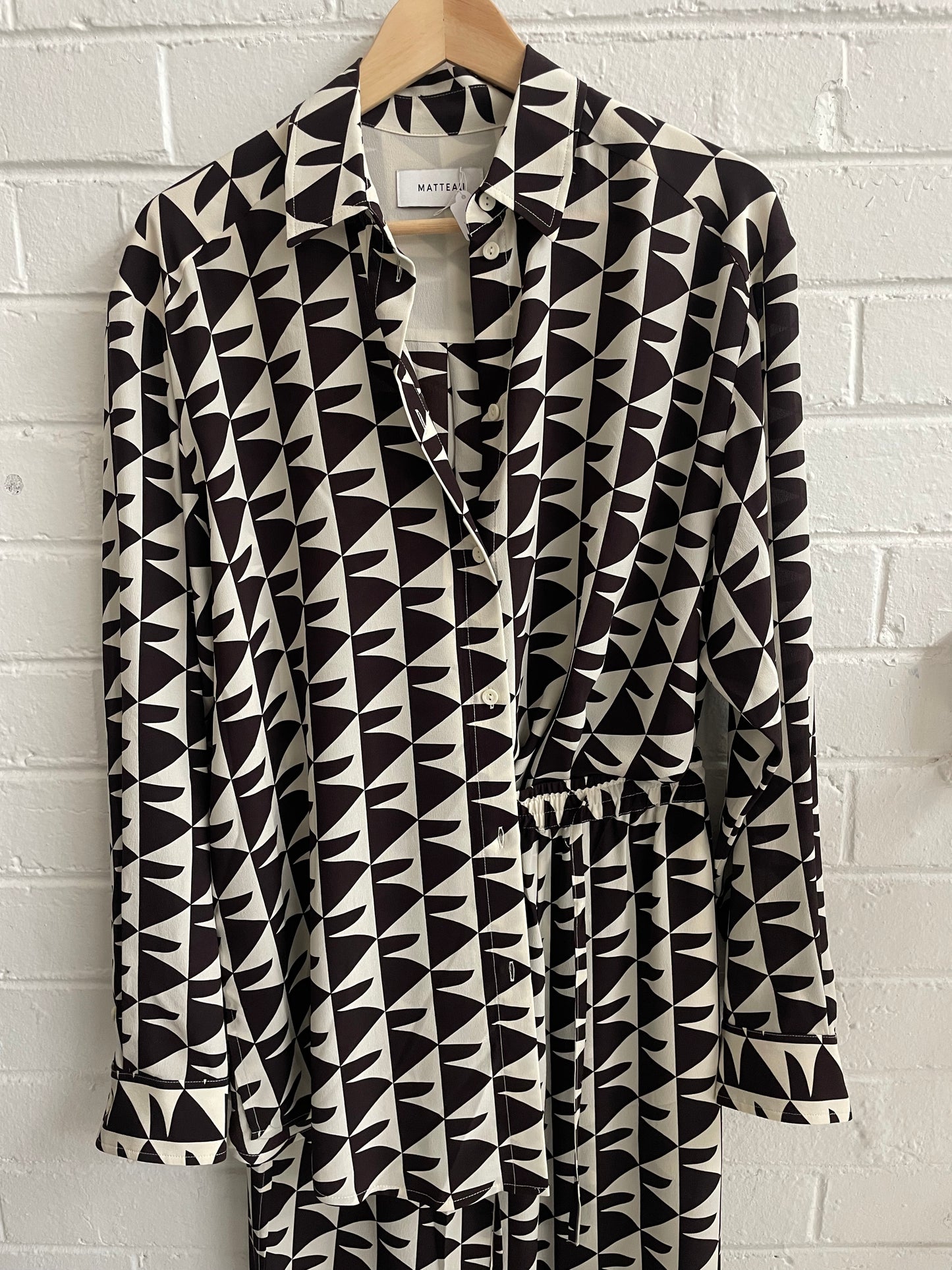 Matteau chocolate brown and ecru  silk long sleeve, geometric pant set. Size 10/8.
