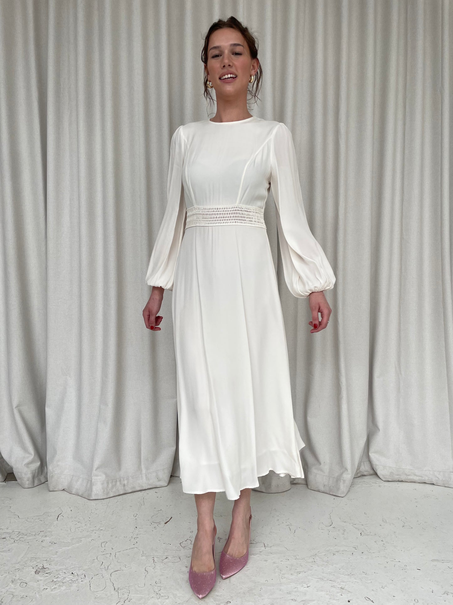 Long sleeve white viscose Blouson sleeve midi dress by Zimmermann sz 1