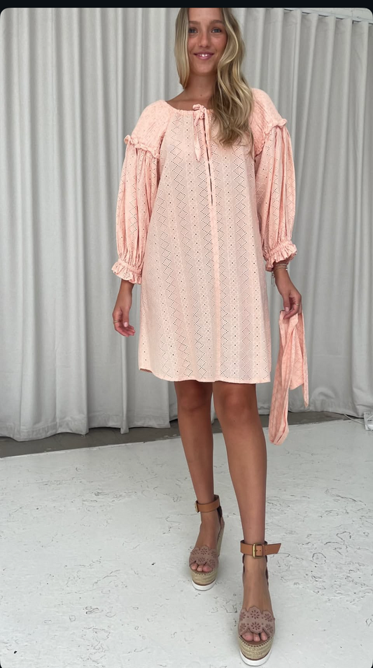 Innika Choo peach broidery dress. 100% cotton One size.